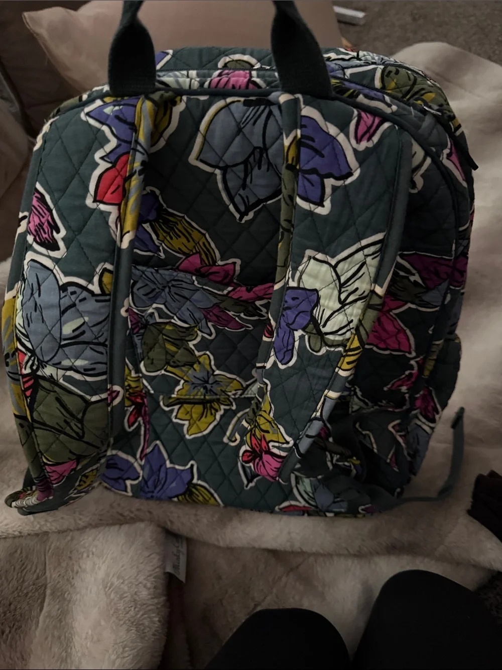 Vera Bradley Quilted Floral Backpack in Gray with Pink, Red, Purple Accents